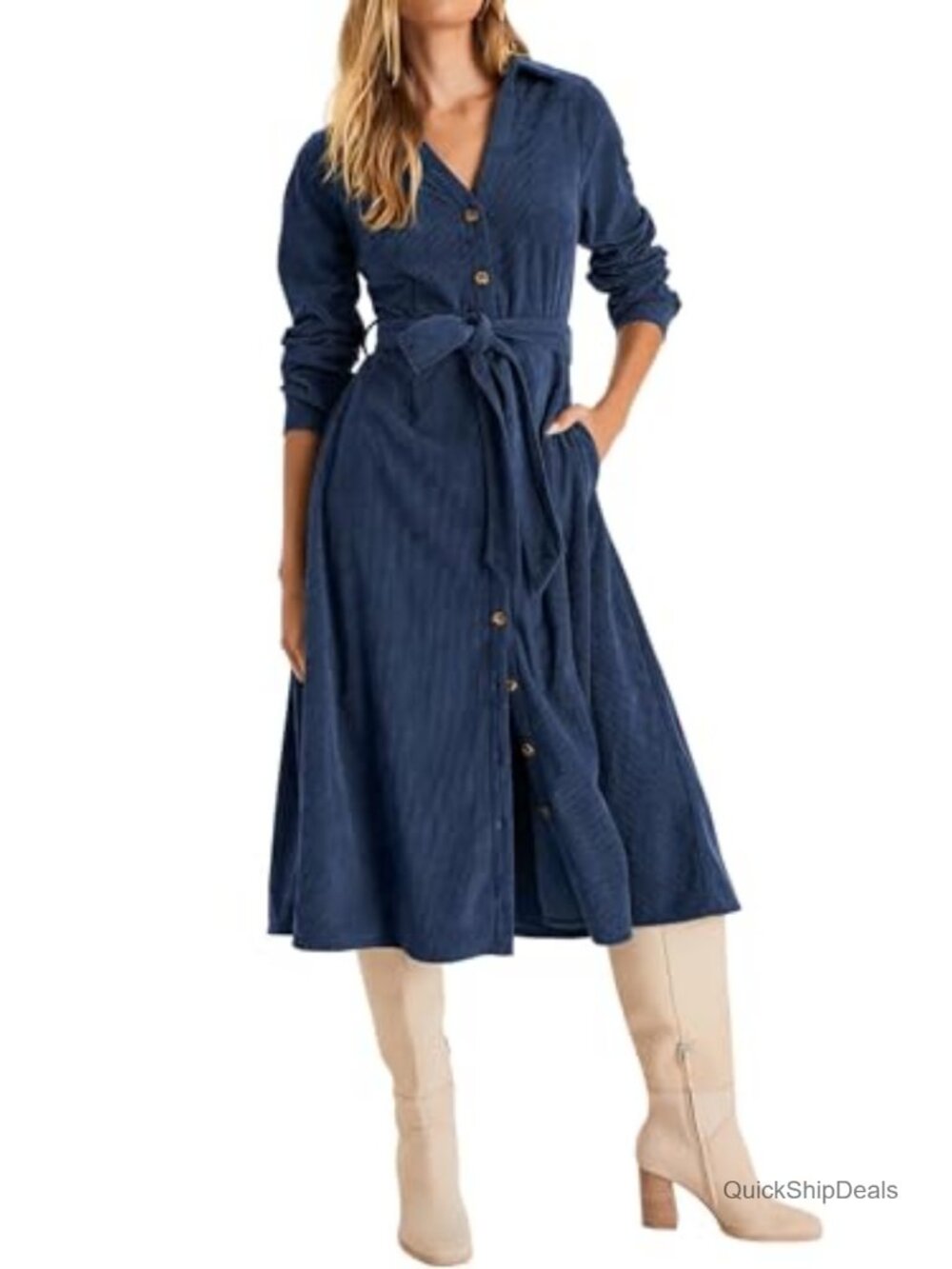 100% Cotton Corduroy Midi Shirt Dress Long Sleeve V Neck Belted Flowy Casual